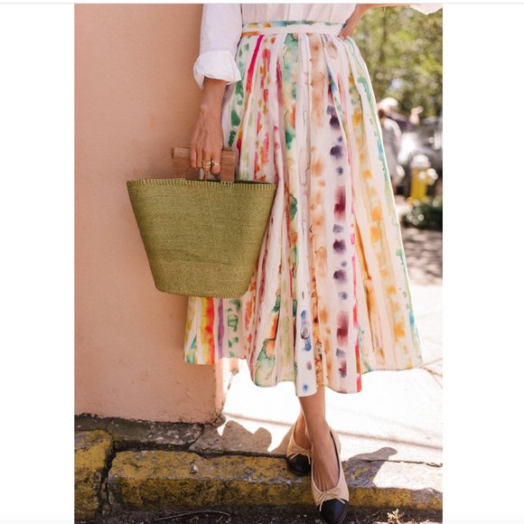 Rosie Assoulin White Watercolor Print Cotton-blend Midi Skirt - Picture 2 of 8